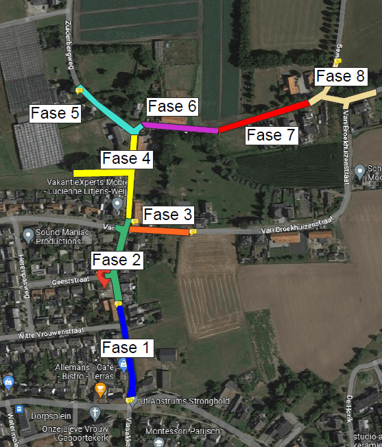 Alle 8 fases in kaart gebracht voor de reconstructie aan de Geysterseweg. Met verschillende kleuren per fase